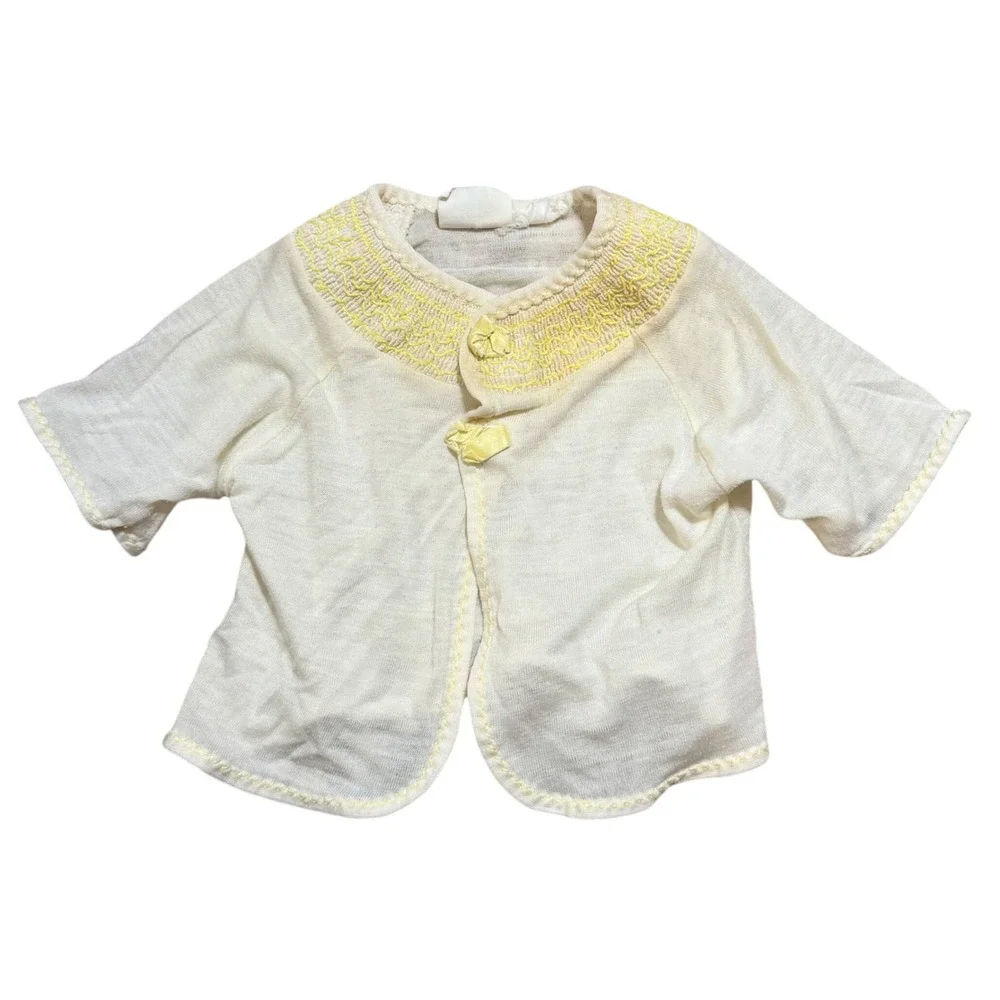 Vintage Carters Layette Baby Cardigan White Yellow Smocked Embroidered Knit